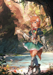 Rule 34 | 1girl, animal ears, aqua dress, armor, blue eyes, boots, bow, bowtie, canyon, dress, flower, fox ears, fox tail, frilled dress, frills, full body, gauntlets, greaves, hair flower, hair ornament, highres, holding, holding behind back, ivy, jean popo, looking away, map, nature, open mouth, orange hair, original, outdoors, parted lips, plant, pond, puffy sleeves, red bow, red bowtie, river, rock, sheath, sheathed, shore, short hair with long locks, sidelocks, solo, tail, thighhighs, vines, walking, water, weapon, zettai ryouiki