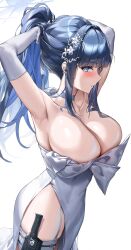 Rule 34 | 1girl, absurdres, armpits, bare shoulders, blue archive, blue eyes, blue halo, blush, breasts, choker, closed mouth, dress, earrings, elbow gloves, gloves, hair ornament, halo, highres, jewelry, large breasts, long hair, looking at viewer, official alternate costume, ponytail, samart, saori (blue archive), saori (dress) (blue archive), sidelocks, simple background, solo, white background, white choker, white dress, white gloves