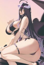 Rule 34 | 1girl, ahoge, albedo (overlord), ass, bare shoulders, bikini, black bikini, black hair, breasts, cleavage, demon girl, demon horns, feathered wings, hareno chiame, highres, horns, large breasts, long hair, looking at viewer, open mouth, overlord (maruyama), smile, solo, swimsuit, thigh strap, thighs, wings, yellow eyes