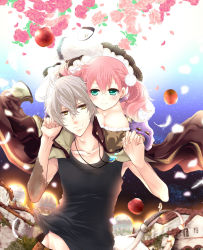Rule 34 | 10s, 1boy, 1girl, amiko (frostedchocolate), apple, atelier (series), atelier escha &amp; logy, bad id, bad pixiv id, braid, breasts, cleavage, couple, escha malier, feathers, flower, food, fruit, green eyes, holding hands, hetero, jacket, jewelry, large breasts, logix ficsario, necklace, pink flower, pink hair, pink rose, red apple, rose, scar, shirt, short hair, short twintails, skirt, smile, twintails, white hair, yellow eyes