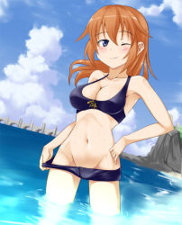 Rule 34 | 1girl, bad id, bad pixiv id, bikini, blue eyes, blush, breasts, brown hair, charlotte e. yeager, cleavage, clothes pull, groin, kuronyan, large breasts, long hair, navel, ocean, one-piece swimsuit pull, one eye closed, pulling own clothes, short hair, solo, strike witches, swimsuit, wading, water, wink, world witches series
