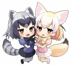 Rule 34 | 10s, 2girls, :3, animal ears, blush, chibi, common raccoon (kemono friends), fang, fennec (kemono friends), fox ears, fox tail, full body, fur collar, grey hair, heart, heart-shaped pupils, holding hands, kemono friends, looking at viewer, multicolored hair, multiple girls, pantyhose, raccoon ears, raccoon tail, short-sleeved sweater, short sleeves, simple background, striped tail, sweater, symbol-shaped pupils, tail, thighhighs, vsi0v, white background