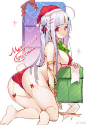 Rule 34 | 1girl, arched back, ass, azur lane, bikini, breasts, christmas, cygnet (azur lane), from side, garter straps, hat, hecha (01964237), highres, kneeling, large breasts, looking at viewer, merry christmas, pink eyes, rabbit tail, red bikini, santa hat, sideboob, sidelocks, silver hair, smile, solo, swimsuit, tail, thighhighs, weibo watermark, white thighhighs