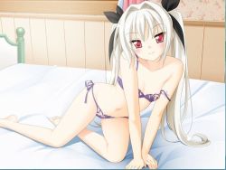 Rule 34 | 1girl, barefoot, bed, blush, breasts, cleavage, feet, game cg, hapitora, happy transportation, kani biimu, legs, limia de wolfstein, lingerie, red eyes, small breasts, smile, solo, strap slip, underwear, white hair
