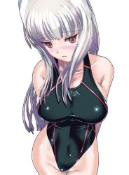 Rule 34 | 1girl, arms behind back, blunt bangs, blush, breasts, brown eyes, collarbone, competition swimsuit, covered navel, groin, heidimarie w. schnaufer, highleg, highleg swimsuit, highres, large breasts, long hair, md5 mismatch, nenchi, no eyewear, one-piece swimsuit, resized, sideboob, silver hair, solo, strike witches, swimsuit, white background, world witches series