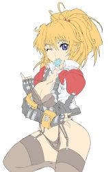 Rule 34 | 1girl, banpresto, blonde hair, breasts, caryo, condom, condom in mouth, excellen browning, mouth hold, solo, super robot wars, tabigarasu, thighhighs