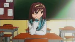 Rule 34 | 00s, 1girl, alternate hairstyle, animated, animated gif, braid, brown hair, bun cover, classroom, desk, double bun, hair bun, hair down, hairband, head rest, indoors, long hair, lowres, quad tails, roulette animation, same face, school, school desk, school uniform, serafuku, short hair, solo, stop motion, suzumiya haruhi, suzumiya haruhi no yuuutsu, time lapse, tri tails, twintails, unconventional media