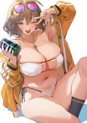 Rule 34 | 1girl, ;d, ahoge, anis (nikke), anis (sparkling summer) (nikke), arm up, armpits, beer can, bikini, black socks, blush, breasts, brown hair, can, cleavage, curvy, drink can, eyepatch bikini, eyewear on head, feet out of frame, goddess of victory: nikke, gradient-tinted eyewear, hair between eyes, hair ornament, holding, holding can, ikuchan kaoru, jacket, jewelry, large breasts, looking at viewer, navel, necklace, off shoulder, official alternate costume, one eye closed, open clothes, open jacket, open mouth, pink-tinted eyewear, price tag, purple-tinted eyewear, short hair, side-tie bikini bottom, simple background, sitting, skindentation, smile, socks, solo, star (symbol), star necklace, stomach, string bikini, sunglasses, swimsuit, tinted eyewear, v, v over eye, white background, white bikini, yellow eyes, yellow jacket