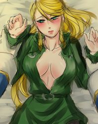 Rule 34 | 1girl, blonde hair, blush, breasts, from above, green eyes, hyoukai, long hair, looking at viewer, lying, metroid, metroid: other m, nintendo, no bra, on back, open clothes, ponytail, pov, samus aran, sketch