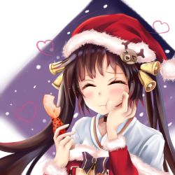 Rule 34 | 1girl, artist request, bell, blouse, blush, brown hair, choker, closed eyes, coat, eating, food, fur-trimmed coat, fur-trimmed headwear, fur trim, girls&#039; frontline, hair bell, hair ornament, hand on own cheek, hand on own face, hat, heart, holding, holding food, long hair, m14 (girls&#039; frontline), m14 (xmas parade) (girls&#039; frontline), off shoulder, outdoors, puffy cheeks, puffy cheeks, ribbon, santa costume, santa hat, shirt, sidelocks, smile, snow, snowing, solo, twintails, white shirt