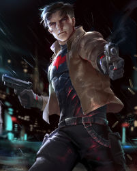 Rule 34 | absurdres, aiming, aiming at viewer, armor, batman (series), black gloves, black hair, black pants, blue eyes, bluemist72, brown jacket, chest armor, closed mouth, dc comics, gloves, gun, handgun, highres, holding, holding gun, holding weapon, injury, jacket, jason todd, leather, leather jacket, looking at viewer, multicolored hair, night, night sky, open clothes, open jacket, outdoors, pants, pistol, rain, red hood (dc), short hair, sky, two-tone hair, weapon, white hair