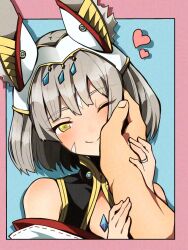 Rule 34 | 1boy, 1girl, animal ears, blush, border, cat ears, chest jewel, ear covers, facial mark, grey hair, hand on another&#039;s face, head tilt, highena, highres, holding another&#039;s arm, jewelry, nia (xenoblade), one eye closed, pink border, pov, rex (xenoblade), ring, short hair, smile, upper body, whisker markings, xenoblade chronicles (series), xenoblade chronicles 3, yellow eyes