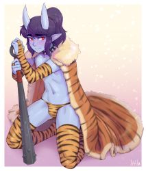 Rule 34 | 1boy, absurdres, animal print, artist name, blue skin, bridal gauntlets, bulge, cape, club, club (weapon), collar, colored skin, elbow gloves, full body, fur-trimmed cape, fur trim, gloves, highres, horns, ittla, kanabou, kneeling, kyou (ittla), long hair, looking at viewer, male focus, navel, oni, oni horns, original, panties, pointy ears, ponytail, print gloves, print panties, print thighhighs, purple hair, red eyes, setsubun, solo, spiked collar, spikes, thick eyebrows, thighhighs, tiger print, trap, underwear, weapon