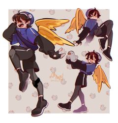 Rule 34 | 1boy, ahoge, bag, beanie, bird, bird wings, black footwear, black hair, black leggings, black shorts, blue jacket, blush, brown eyes, commentary, duck, english commentary, eyepatch, feathered wings, fingerless gloves, gloves, hat, highres, holding, holding toy, jacket, karmaland, leggings, looking at viewer, multiple views, ok anzu, one eye covered, open mouth, quackity, shoes, short hair, shorts, smile, standing, toy, wings, yellow wings