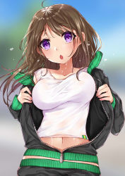 Rule 34 | 1girl, :o, ahoge, bad id, bad pixiv id, black jacket, blurry, blush, bouncing breasts, breasts, brown hair, collarbone, crop top, day, depth of field, dripping, fingernails, jacket, komazuki (komaworks240), long hair, long sleeves, medium breasts, midriff peek, nail polish, navel, off shoulder, open clothes, open jacket, original, outdoors, pink nails, purple eyes, shirt, solo, sportswear, stomach, sweat, tank top, track jacket, unaligned breasts, unzipped, upper body, wet, wet clothes, wet shirt
