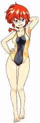 Rule 34 | 1girl, barefoot, blue eyes, braid, braided ponytail, breasts, competition swimsuit, full body, genderswap, genderswap (mtf), hand on own hip, highres, long hair, looking at viewer, medium breasts, odochi (1or8), one-piece swimsuit, open mouth, ranma-chan, ranma 1/2, red hair, simple background, single braid, solo, swimsuit, two-tone swimsuit, white background