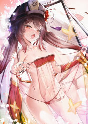 Rule 34 | 1girl, bare shoulders, bikini, black hat, blush, breasts, brown hair, bug, butterfly, collarbone, detached sleeves, genshin impact, hat, highres, hu tao (genshin impact), insect, long hair, looking at viewer, mathiamo13, open mouth, red bikini, red eyes, small breasts, swimsuit, symbol-shaped pupils, thighs, twintails, very long hair