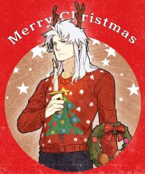 Rule 34 | 1boy, antlers, black pants, candle, christmas sweater, christmas wreath, english text, expressionless, final fantasy, final fantasy i, holding, holding candle, holding wreath, horns, long hair, male focus, merry christmas, nini tw99, pants, purple eyes, red sweater, reindeer antlers, solo, standing, star (symbol), sweater, warrior of light (ff1), white hair, wreath