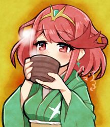 Rule 34 | 1girl, blush, breasts, brown background, commentary request, covered mouth, cup, drinking, earrings, green kimono, headpiece, holding, holding cup, japanese clothes, jewelry, kimono, ma2acworks, medium breasts, obi, pyra (xenoblade), red eyes, red hair, sash, solo, steam, upper body, xenoblade chronicles (series), xenoblade chronicles 2