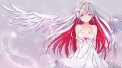 Rule 34 | 1girl, arms behind back, blush, breasts, cleavage, closed mouth, collarbone, colored inner hair, dress, feathered wings, feathers, floating hair, grey background, hair between eyes, hair intakes, halterneck, long hair, looking at viewer, medium breasts, multicolored hair, original, red eyes, red hair, ribbon, sleeveless, sleeveless dress, smile, solo, standing, two-tone hair, very long hair, wakkuchin20, white dress, white hair, white ribbon, white wings, wings