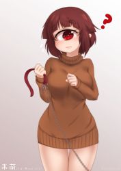 Rule 34 | 1girl, ?, borrowed character, breasts, brown hair, brown sweater, character name, clenched hand, collar, cyclops, grey background, hands up, highres, large breasts, leash, meiryo (horizon), one-eyed, red eyes, short hair, simple background, solo, standing, sweater, thigh gap, thighs, twitter username