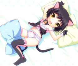 Rule 34 | 1girl, animal ears, armpits, arms up, black hair, brown eyes, camisole, cat ears, cat tail, fang, gloves, highres, kyoukai no rinne, lying, navel, original, panties, pillow, short hair, smile, solo, suzu (kyoukai no rinne), tail, thighhighs, underwear, usashiro mani, yellow eyes