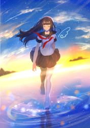 Rule 34 | 1girl, absurdres, bad id, bad pixiv id, barefoot, blue skirt, blue sky, brown hair, closed eyes, closed mouth, cloud, commentary request, from above, highres, lens flare, long hair, looking down, neckerchief, original, pleated skirt, red neckerchief, ribbon, sailor collar, sakupannda06o, school uniform, serafuku, short sleeves, skirt, sky, smile, solo, sun, wind