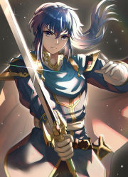 Rule 34 | 1boy, absurdres, armor, blue eyes, blue hair, cape, fire emblem, fire emblem: genealogy of the holy war, gloves, gonzarez, highres, holding, holding weapon, light particles, light rays, long hair, looking at viewer, nintendo, ponytail, seliph (fire emblem), shoulder armor, solo, sword, weapon
