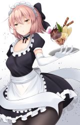 Rule 34 | 1girl, alternate costume, apron, bad id, bad pixiv id, black bow, black dress, black pantyhose, blush, bow, breasts, cleavage, doyachii, dress, elbow gloves, fate/grand order, fate (series), frilled apron, frilled dress, frills, gloves, hair between eyes, hair bow, hairband, highres, holding, holding tray, koha-ace, looking at viewer, maid, maid apron, maid headdress, medium breasts, okita souji (fate), okita souji (koha-ace), pantyhose, parted lips, pink hair, puffy short sleeves, puffy sleeves, short hair, short sleeves, solo, tray, waitress, white gloves, white hairband, yellow eyes