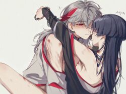 Rule 34 | 2boys, alternate hairstyle, arms around neck, bite mark, blush, chain, face-to-face, genshin impact, hair between eyes, hickey, highres, japanese clothes, kaedehara kazuha, long hair, long sleeves, looking at another, male focus, multicolored hair, multiple boys, purple hair, red eyes, red hair, scaramouche (genshin impact), simple background, streaked hair, white hair, yanchen97779, yaoi