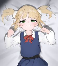 Rule 34 | 1girl, absurdres, aged down, blonde hair, blue dress, bow, bowtie, clenched teeth, commentary, dress, english commentary, female focus, green eyes, hair ornament, half-closed eyes, highres, indie virtual youtuber, long sleeves, looking at viewer, lying, mixed-language commentary, on back, on bed, preamy kyuushi, shigure ui (vtuber), shigure ui (vtuber) (young), short hair, solo, tears, teeth, twintails, virtual youtuber