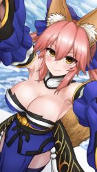 Rule 34 | 1girl, animal ear fluff, animal ears, armpits, bare shoulders, blue kimono, blue legwear, blue ribbon, blush, breasts, cleavage, detached sleeves, fate/extella, fate/extra, fate/grand order, fate (series), fox ears, fox girl, fox tail, hair ribbon, highres, japanese clothes, kimono, large breasts, looking at viewer, looking up, pink hair, ribbon, selfie, smile, solo, sphere-stc, tail, tamamo (fate), tamamo no mae (fate/extra), winter, yellow eyes