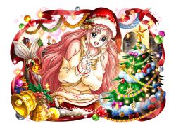 Rule 34 | 1girl, bare shoulders, bell, christmas lights, christmas ornaments, christmas stocking, christmas tree, giant, giantess, mermaid, monster girl, one piece, one piece treasure cruise, pink hair, shirahoshi, smile, solo, sweater