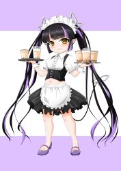 Rule 34 | 1girl, nanashi inc., absurdres, alternate costume, apron, black hair, black skirt, black vest, blunt bangs, blush, breasts, bubble tea, buttons, center frills, closed mouth, collared shirt, commentary request, cup, demon girl, demon horns, demon tail, enmaided, frilled apron, frilled sleeves, frills, full body, heart button, highres, holding, holding tray, horns, kojo anna, long hair, looking at viewer, maid, maid headdress, midriff, multicolored hair, navel, pink background, pointy ears, puffy short sleeves, puffy sleeves, purple hair, robou no stone, shirt, short sleeves, skirt, small breasts, smile, solo, standing, sugar lyric, tail, tray, twintails, two-tone background, two-tone hair, very long hair, vest, virtual youtuber, waist apron, white apron, white shirt, yellow eyes