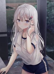 Rule 34 | 1girl, blue eyes, blush, breasts, collarbone, gym shirt, gym shorts, gym uniform, hair between eyes, hair ornament, hairpin, highres, long hair, looking at viewer, medium breasts, original, outdoors, parted lips, puddle, purple eyes, rain, shirt, shorts, silver hair, solo, standing, touhourh, wet, wet clothes