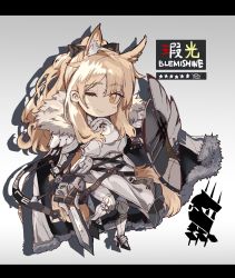 Rule 34 | 1girl, ;), animal ears, arknights, armor, black bow, blemishine (arknights), blonde hair, bow, character name, chibi, commentary, extra ears, full armor, full body, fur-trimmed armor, fur trim, grey background, hair bow, highres, holding, holding shield, holding sword, holding weapon, horse ears, horse girl, horse tail, jio (dio), kingdom of kazimierz logo, letterboxed, long hair, looking at viewer, one eye closed, ponytail, shadow, shield, sidelocks, simple background, smile, solo, sword, tail, weapon