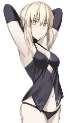 Rule 34 | 1girl, arm behind head, armpits, artoria pendragon (all), artoria pendragon (fate), black gloves, black panties, braid, braided bun, breasts, cleavage, covered erect nipples, cowboy shot, elbow gloves, fate/stay night, fate (series), frown, gloves, hair between eyes, hair bun, looking at viewer, midriff, navel, panties, saber alter, shiseki hirame, short hair with long locks, sideboob, sidelocks, silver hair, simple background, small breasts, solo, standing, stomach, underwear, white background, yellow eyes
