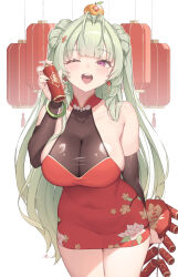 1girl ;d absurdres bare_shoulders breasts can cloba collarbone commentary_request covered_navel double_bun dress goddess_of_victory:_nikke green_hair hair_bun highres holding holding_can large_breasts long_hair looking_at_viewer new_year one_eye_closed open_mouth pink_eyes red_dress smile soda_(nikke) solo teeth upper_teeth_only