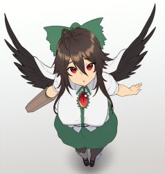 Rule 34 | 1girl, alternate breast size, arm cannon, black footwear, black hair, black pantyhose, black wings, bow, breasts, cape, commentary, feathered wings, from above, full body, gradient background, green bow, green skirt, grey background, hair between eyes, hair bow, houtengeki, large breasts, looking at viewer, looking up, mary janes, pantyhose, parted lips, red eyes, reiuji utsuho, shadow, shirt, shoes, short sleeves, sidelocks, skirt, solo, standing, symbol-only commentary, touhou, unfinished, weapon, white background, white cape, white shirt, wings