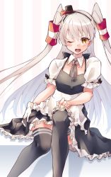 Rule 34 | 1girl, alternate costume, amatsukaze (kancolle), apron, bad anatomy, black dress, black thighhighs, blush, brown eyes, collarbone, dress, enmaided, hair between eyes, hair tubes, highres, kantai collection, long hair, maid, maid apron, one eye closed, open mouth, short sleeves, silver hair, solo, thighhighs, two side up, u yuz xx, white apron