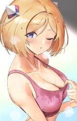 Rule 34 | 1girl, ;o, aki rosenthal, bare shoulders, blonde hair, blue eyes, blush, breasts, cleavage, collar tug, collarbone, from side, gradient background, headgear, heavy breathing, highres, hololive, looking at viewer, looking to the side, medium breasts, one eye closed, parted bangs, parted lips, short hair, solo, sports bra, strap gap, sweat, twin (tt lsh), upper body, virtual youtuber, wet, wet clothes