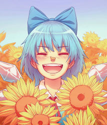 Rule 34 | 1girl, :d, absurdres, blue bow, blue hair, blush, bow, cirno, closed eyes, commentary request, day, facing viewer, field, flower, flower field, hair bow, happy, highres, ice, ice wings, medium hair, nostrils, open mouth, outdoors, red neckwear, red ribbon, ribbon, royl, sky, smile, solo, sunflower, sunflower field, teeth, touhou, upper body, upper teeth only, wing collar, wings, yellow flower