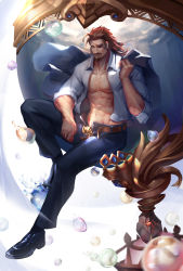 Rule 34 | 1boy, abs, absurdres, bara, bare pectorals, belt, brown eyes, brown hair, bulge, denim, eugen (granblue fantasy), eyepatch, facial hair, full body, goatee, granblue fantasy, highres, jacket, jacket over shoulder, jeans, large pectorals, long hair, male focus, manly, muscular, mustache, my eight, navel, nipples, open clothes, open pants, open shirt, pants, pectorals, shoes, sideburns, sitting, solo, thick thighs, thighs, unworn jacket