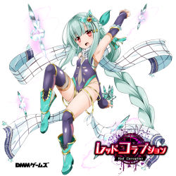 Rule 34 | 1girl, :d, anklet, aqua boots, aqua bow, aqua hair, aqua ribbon, arm behind back, arm up, armlet, armpits, asymmetrical legwear, bare shoulders, blunt bangs, blush, boots, bow, braid, breasts, bug, butterfly, butterfly hair ornament, clothing cutout, company name, copyright name, covered navel, cross-laced footwear, detached sleeves, dmm, electricity, french braid, frills, full body, hair ornament, hair ribbon, happy, head tilt, high heel boots, high heels, holding, holding weapon, insect, jewelry, leg up, leotard, logo, long hair, looking at viewer, navel cutout, ninja, official art, open mouth, over-kneehighs, purple thighhighs, red corruption, red eyes, ribbon, ringlets, scarf, shirosuzu, shuriken, sidelocks, simple background, sitting, small breasts, smile, solo, thighhighs, thighlet, thighs, uneven legwear, very long hair, watermark, weapon, white background, white scarf