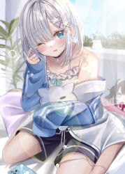 Rule 34 | 1girl, absurdres, aqua eyes, black choker, blue hair, blue jacket, blunt bangs, breasts, camisole, cellphone, character doll, choker, cleavage, collarbone, doll, dolphin shorts, frilled camisole, frills, grey hair, highres, holding, holding doll, jacket, kaga nazuna, kaga sumire, koya toofu, lens flare, looking at viewer, lupinus virtual games, multicolored hair, off shoulder, open mouth, phone, pillow, plant, potted plant, short hair, shorts, sleepy, small breasts, smartphone, solo, streaked hair, sunlight, teardrop, virtual youtuber, vspo!, white camisole