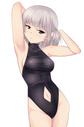 Rule 34 | 10s, 1girl, aqua eyes, armpits, arms up, bad id, bad pixiv id, breasts, clothing cutout, competition swimsuit, cowboy shot, girls und panzer, grey hair, groin, half-closed eyes, halterneck, highres, itsumi erika, medium breasts, navel, navel cutout, nksk, one-piece swimsuit, presenting armpit, sideboob, simple background, solo, swimsuit, tsurime, white background
