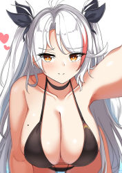 Rule 34 | 1girl, absurdres, antenna hair, azur lane, bare shoulders, bent over, bikini, black bikini, black choker, black ribbon, blush, breasts, brown hair, choker, cleavage, closed mouth, collarbone, cowboy shot, hair ribbon, hanging breasts, heart, highres, huge filesize, large breasts, long hair, looking at viewer, mole, mole on breast, moyoron, multicolored hair, official alternate costume, parted bangs, prinz eugen (azur lane), prinz eugen (unfading smile) (azur lane), reaching, reaching towards viewer, red hair, ribbon, selfie, simple background, smile, solo, streaked hair, swimsuit, two side up, very long hair, white background, white hair