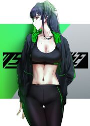 Rule 34 | 1girl, arm at side, arm behind back, black hair, black jacket, breasts, cleavage, collarbone, colored inner hair, cowboy shot, gluteal fold, highres, idolmaster, idolmaster shiny colors, jacket, large breasts, leggings, long hair, long sleeves, looking at viewer, mayuzumi fuyuko, midriff, multicolored hair, nakamura rohane, navel, open clothes, open jacket, orange eyes, profile, sideways glance, solo, sports bra, sweat, two side up