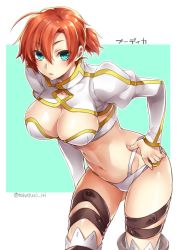Rule 34 | 1girl, boudica (fate), breasts, cleavage, fate/grand order, fate (series), green eyes, large breasts, leaning forward, long sleeves, looking at viewer, navel, ponytail, puffy sleeves, red hair, short hair, shrug (clothing), takatsuki ichi, thigh strap