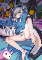 Rule 34 | 1girl, ass, barefoot, blue archive, blue halo, blue hoodie, blush, cellphone, grey hair, halo, heart, heart-shaped pupils, highres, holding, holding phone, hood, hoodie, long hair, long sleeves, miyako (blue archive), miyako (young) (blue archive), no pants, official alternate costume, one side up, panties, peroro (blue archive), phone, polka dot, polka dot panties, pom pom (clothes), purple eyes, smartphone, solo, stuffed animal, stuffed cat, stuffed toy, symbol-shaped pupils, toes, underwear, yuacalo